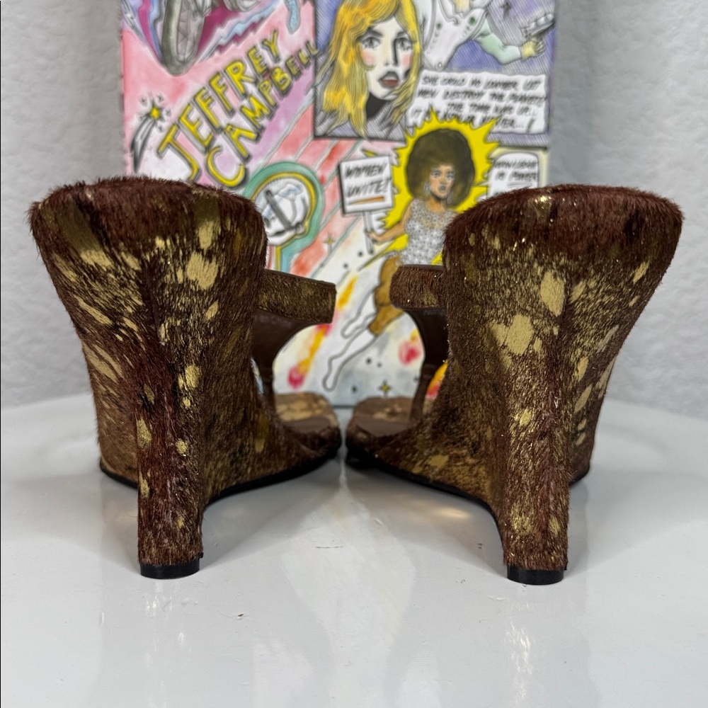 JEFFREY CAMPBELL ROMEE F CALF HAIR SCULPTED WEDGE SANDALS BROWN GOLD SPOT *NIB* - Picture 10 of 15